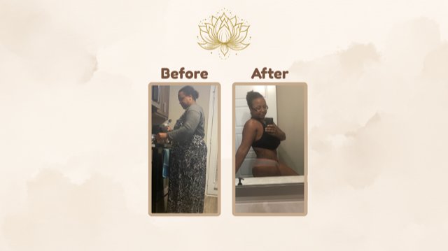 Quinn's before and after transformation — 73 lbs released postpartum